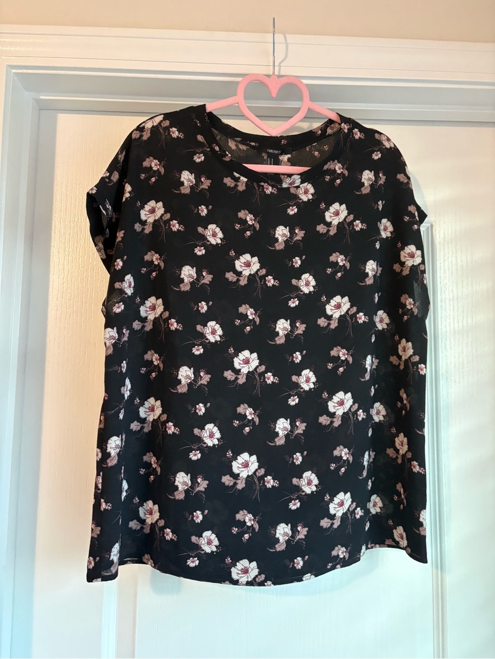 Forever 21 Black Floral Short Sleeve Blouse with Pink Accents